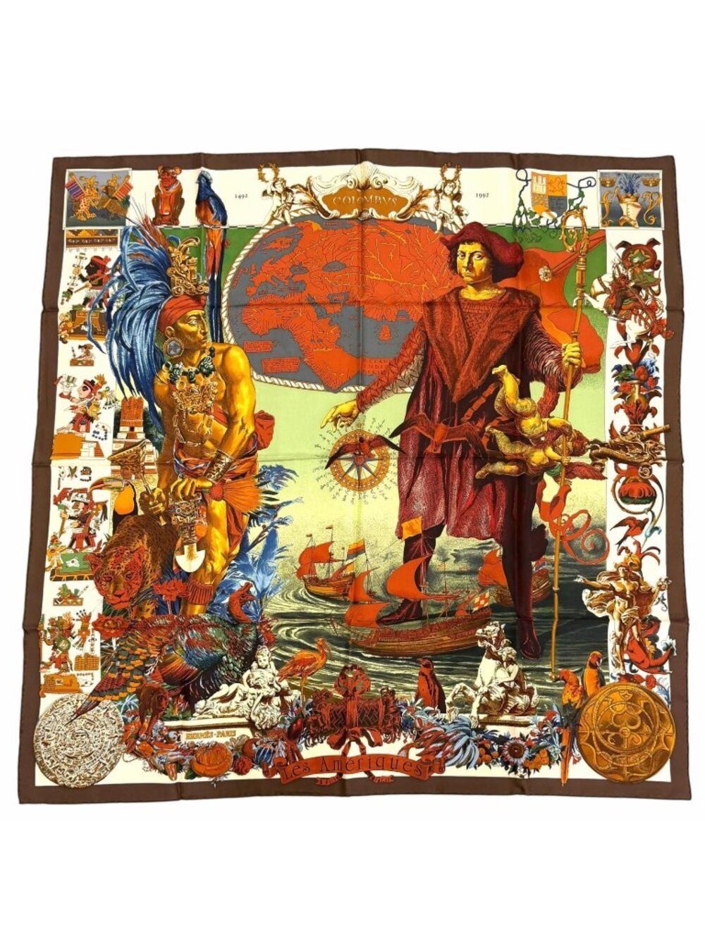 Hermes les Ameriques Colombvs Americas Columbus Carre 90 Silk 100% Scarf Brown